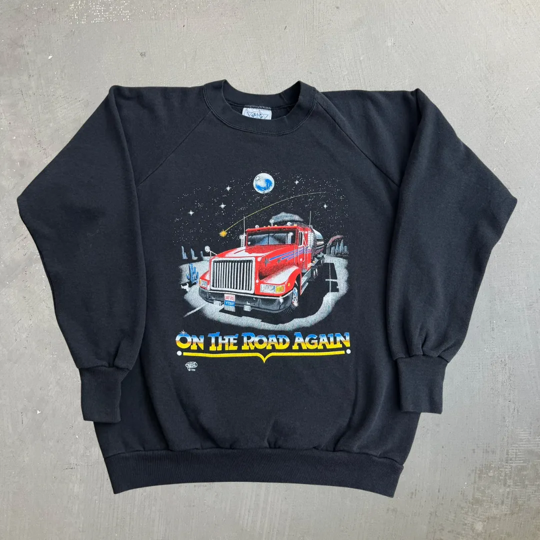 J- Vintage '90 Truckin' On Girard Ohio On The Road Again Graphic & Text Made In USA Crewneck - L sold by HG Vintage