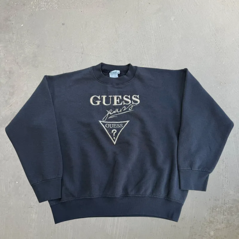 J- Vintage 90s Guess Jeans Embroidered Text & Logo Made In USA Crewneck - M made by HG Vintage