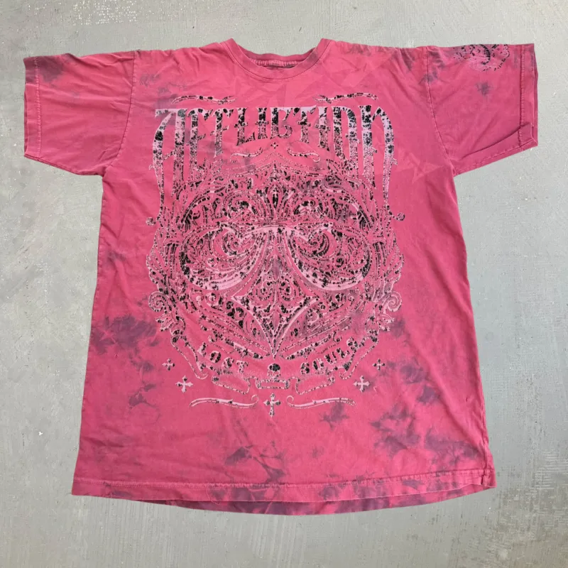 J- Vintage Affliction Embroidered Text & Graphic Maroon Acid Wash Tee - L made by HG Vintage