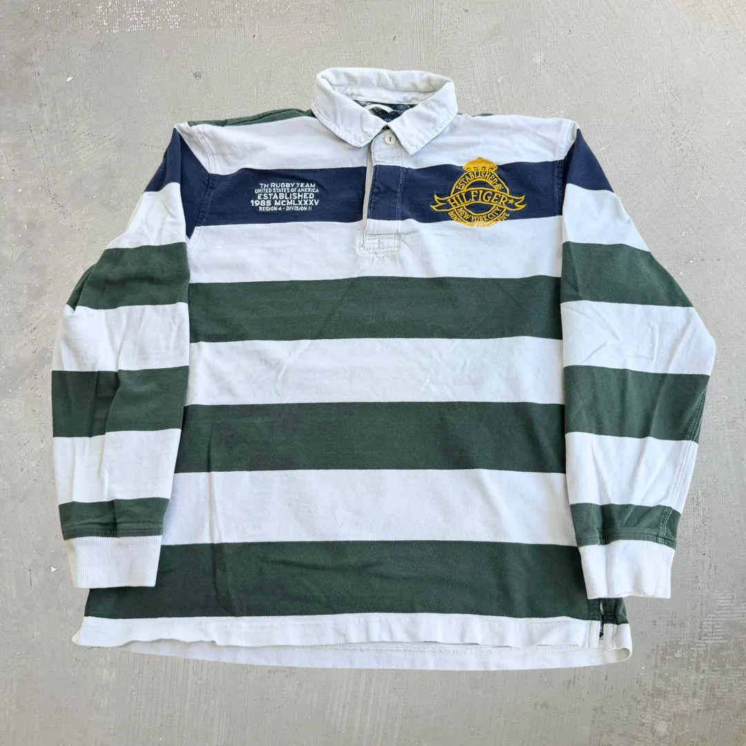 J- Vintage Tommy Hilfiger Embroidered Crest & Text Long Sleeve Rugby Shirt - L sold by HG Vintage