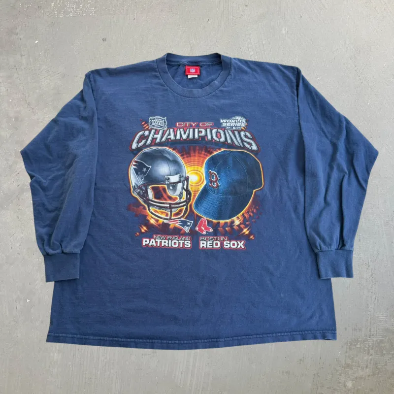 J- Vintage '04 Boston Red Sox New England Patriots NFL City Of Champions Graphic Long Sleeve Tee - L made by HG Vintage