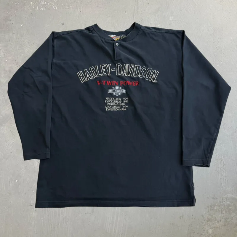 J- Vintage Harley Davidson V-Twin Power Embroidered Logo & Text Long Sleeve Tee - XL made by Harley-Davidson
