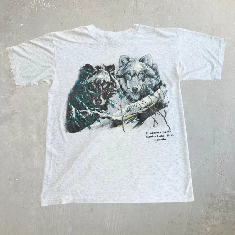 J- Vintage '93 Pounderosa Resort Canim Lake BC Wolves Graphic Single Stitch Tee - L made by HG Vintage