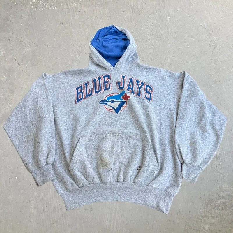 J- Vintage '92 Toronto Blue Jays Logo & Text Made In Canada Hoodie - XL made by HG Vintage