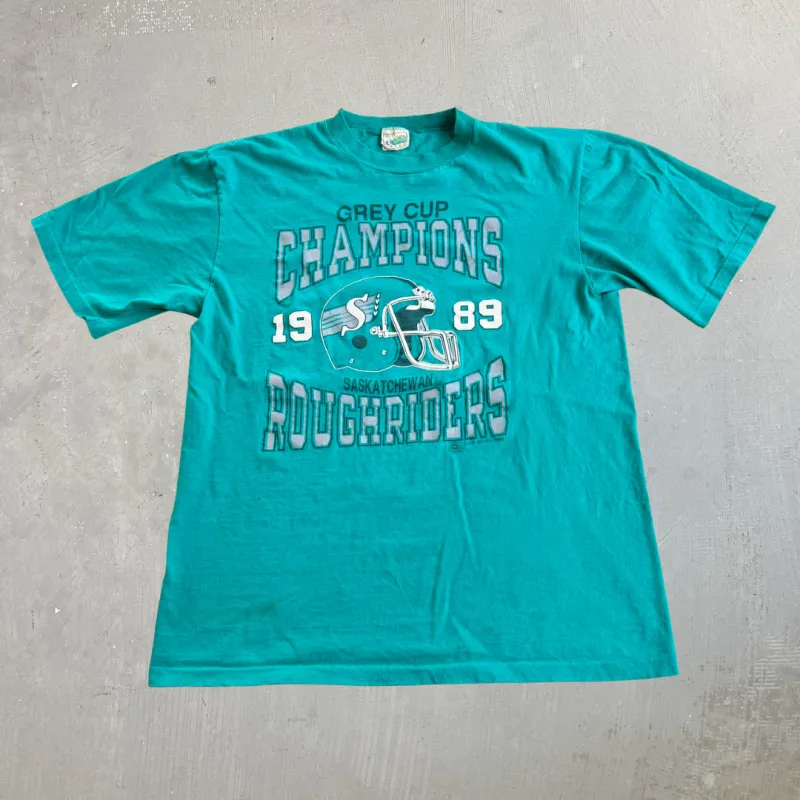 J- Vintage '89 Saskatchewan Roughriders CFL Grey Cup Champions Single Stitch Tee - L made by HG Vintage