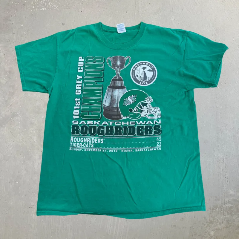 J- Vintage '13 Saskatchewan Roughriders CFL 101st Grey Cup Champions Graphic Tee - L made by HG Vintage
