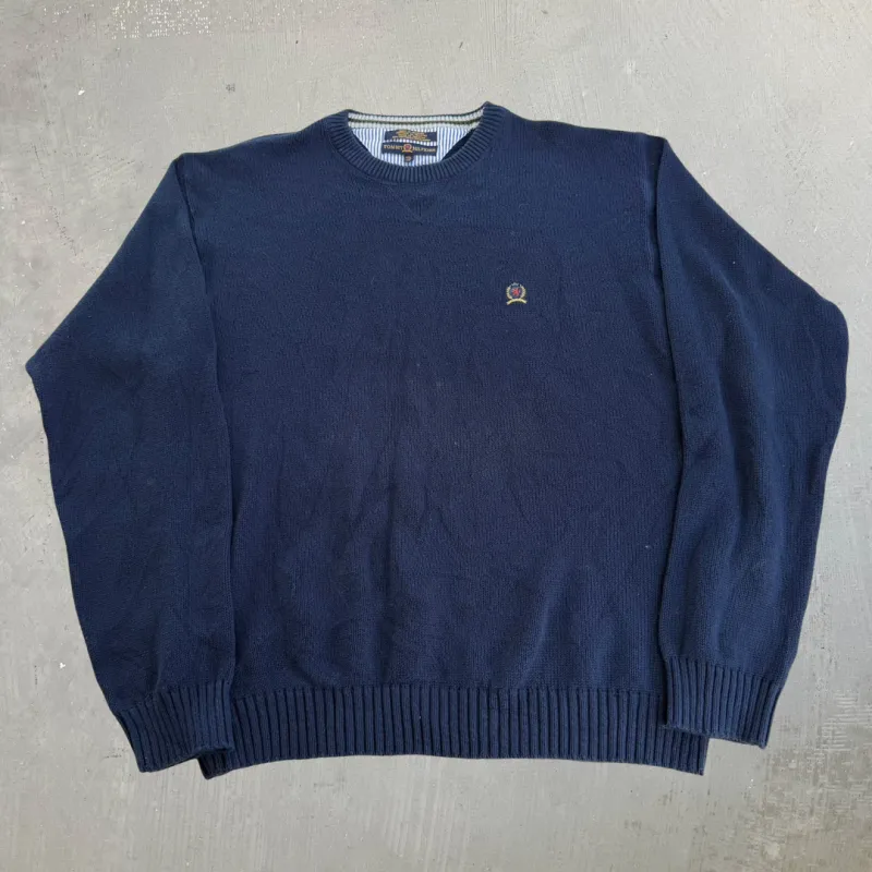 J- Vintage Tommy Hilfiger Embroidered Crest Navy Knit Sweater - 2XL made by HG Vintage