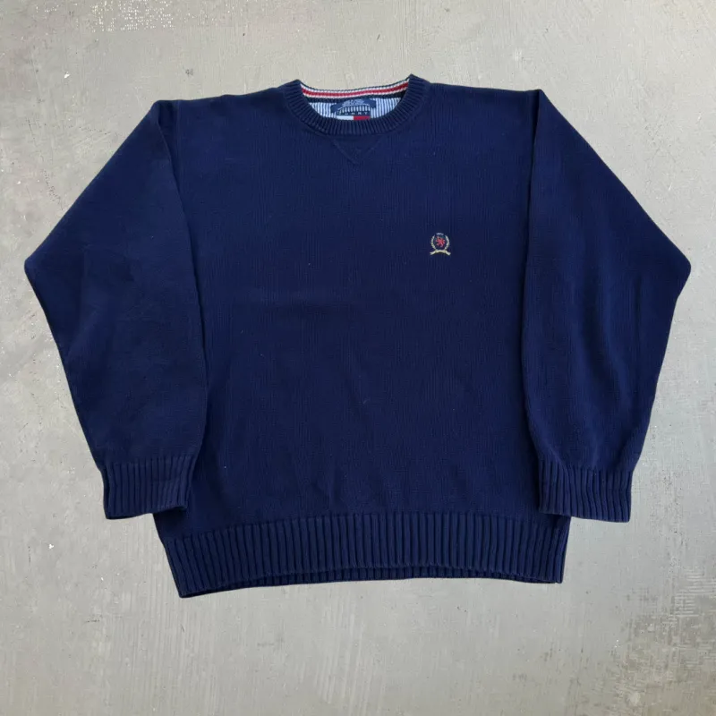 J- Vintage Tommy Hilfiger Embroidered Crest Navy Knit Sweater - L made by HG Vintage