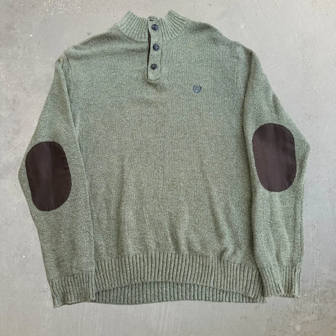 J- Vintage Chaps RL Embroidered Logo Olive Green Henley Knit Sweater - L sold by HG Vintage