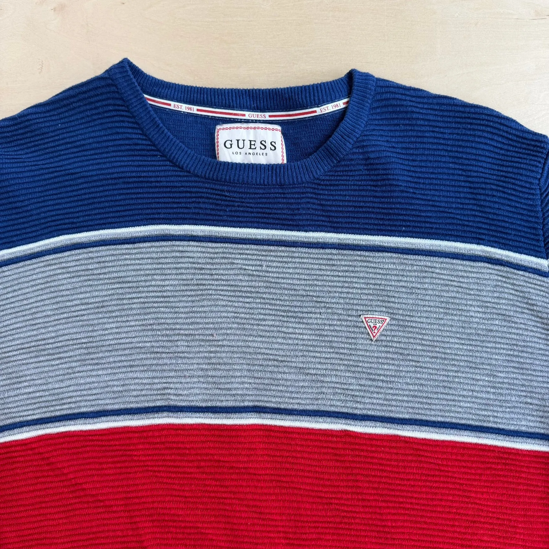 J- Vintage Guess Los Angeles Embroidered Logo Red/Grey/Navy Knit Sweater - L sold by HG Vintage product image thumbnail 2