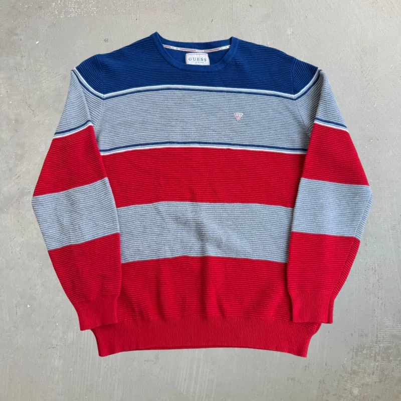 J- Vintage Guess Los Angeles Embroidered Logo Red/Grey/Navy Knit Sweater - L made by HG Vintage