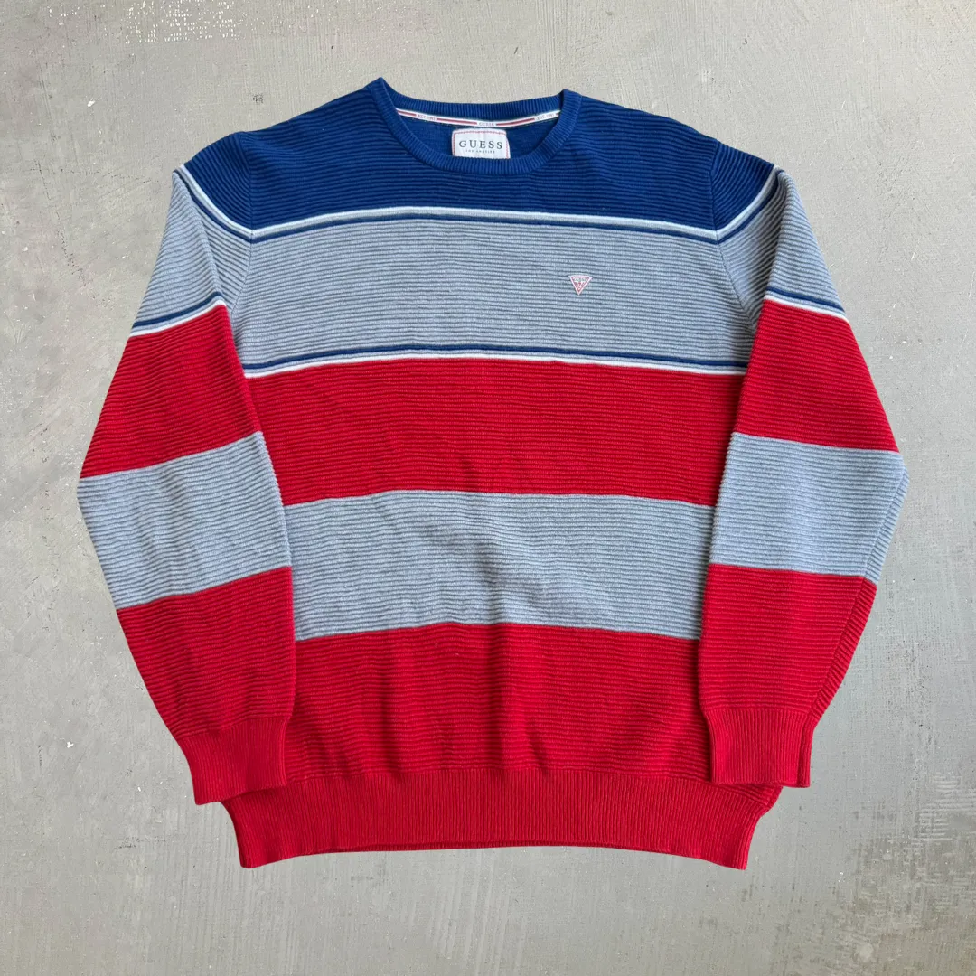 J- Vintage Guess Los Angeles Embroidered Logo Red/Grey/Navy Knit Sweater - L sold by HG Vintage