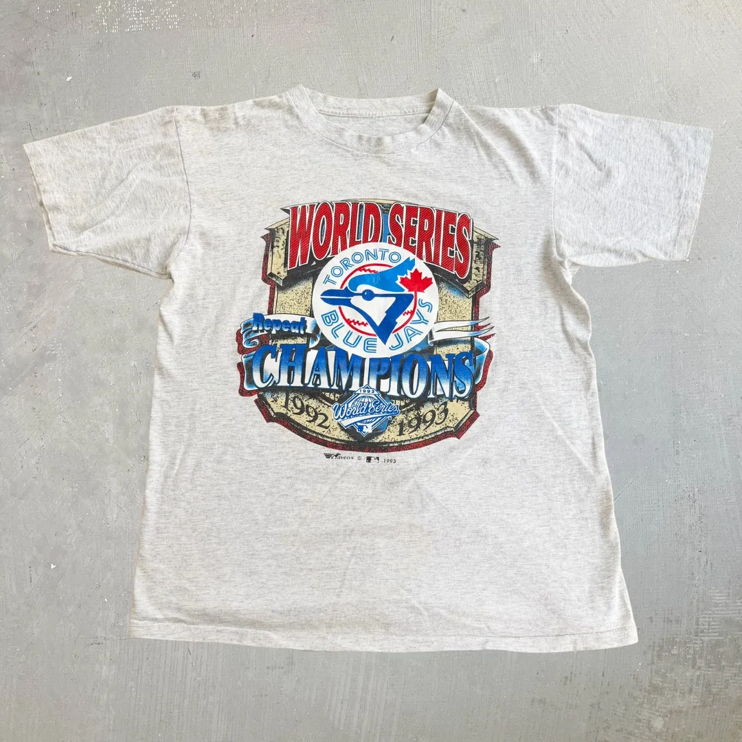 J- Vintage '93 Toronto Blue Jays MLB World Series Champions Graphic Single Stitch Tee - L sold by HG Vintage