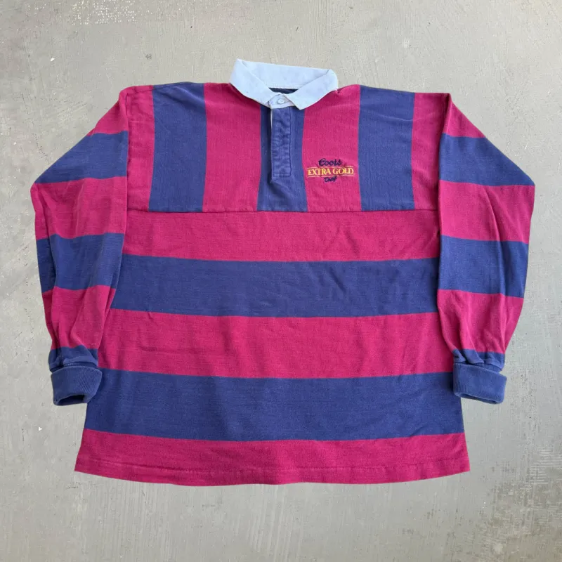 J- Vintage Coors Extra Gold Draft Maroon/Navy Striped Rugby Shirt - XL made by HG Vintage