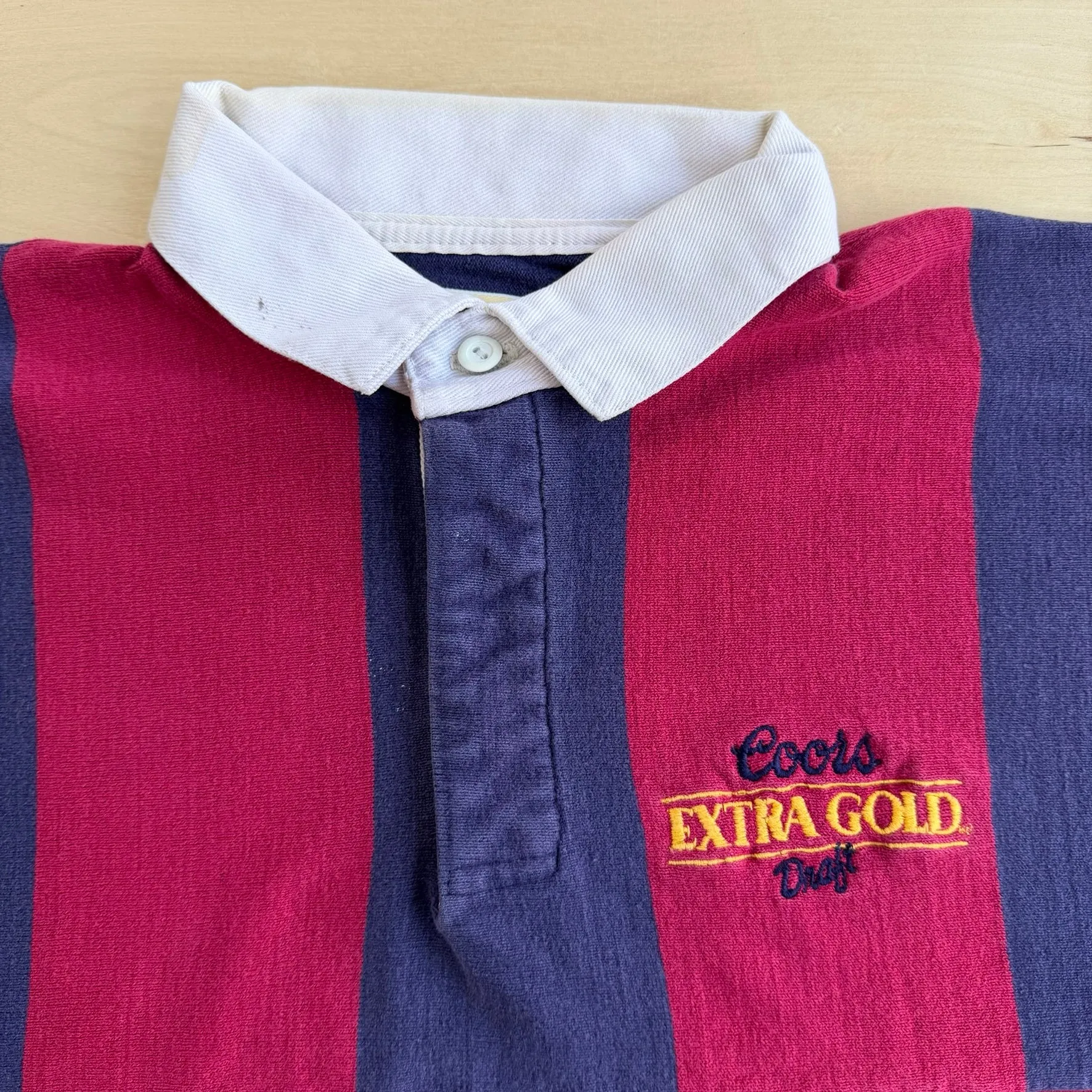 J- Vintage Coors Extra Gold Draft Maroon/Navy Striped Rugby Shirt - XL sold by HG Vintage product image thumbnail 2