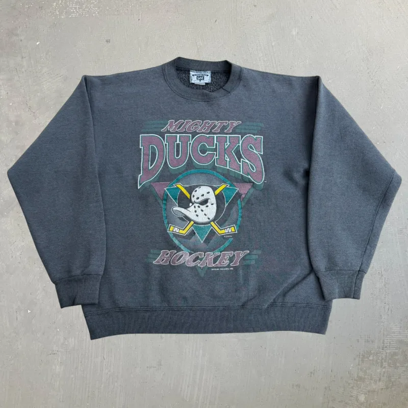 J- Vintage '93 Anaheim Mighty Ducks NHL Text & Graphic Made In USA Crewneck - M made by HG Vintage