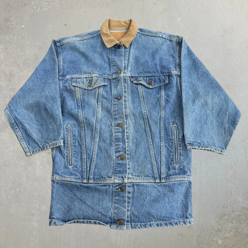 J- Vintage Levi's Made In USA Corduroy Collar Long Trucker Denim Jacket - S (fits M/L) made by HG Vintage