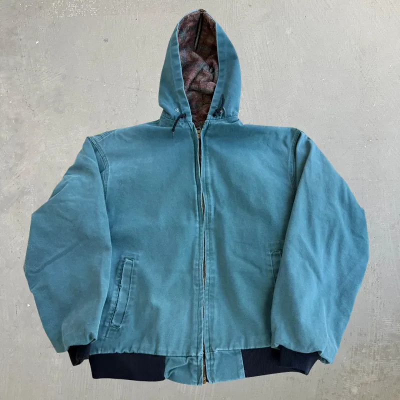 J- Vintage Bercowear Made In USA Blanket Lined Teal Hooded Workwear Jacket - L made by Carhartt