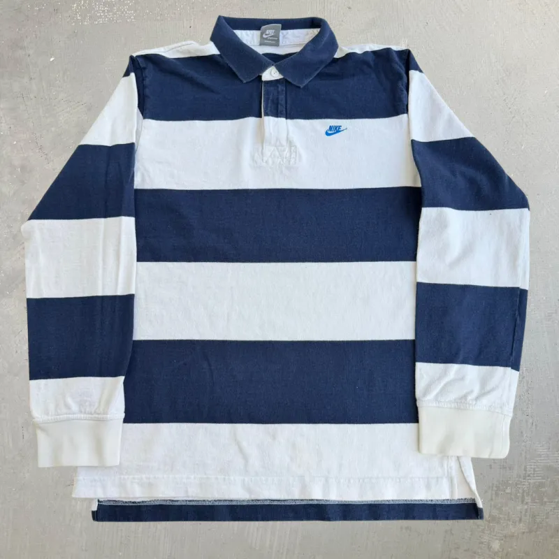 J- Vintage Nike Sportswear Embroidered Logo Striped Long Sleeve Rugby Shirt - L made by HG Vintage