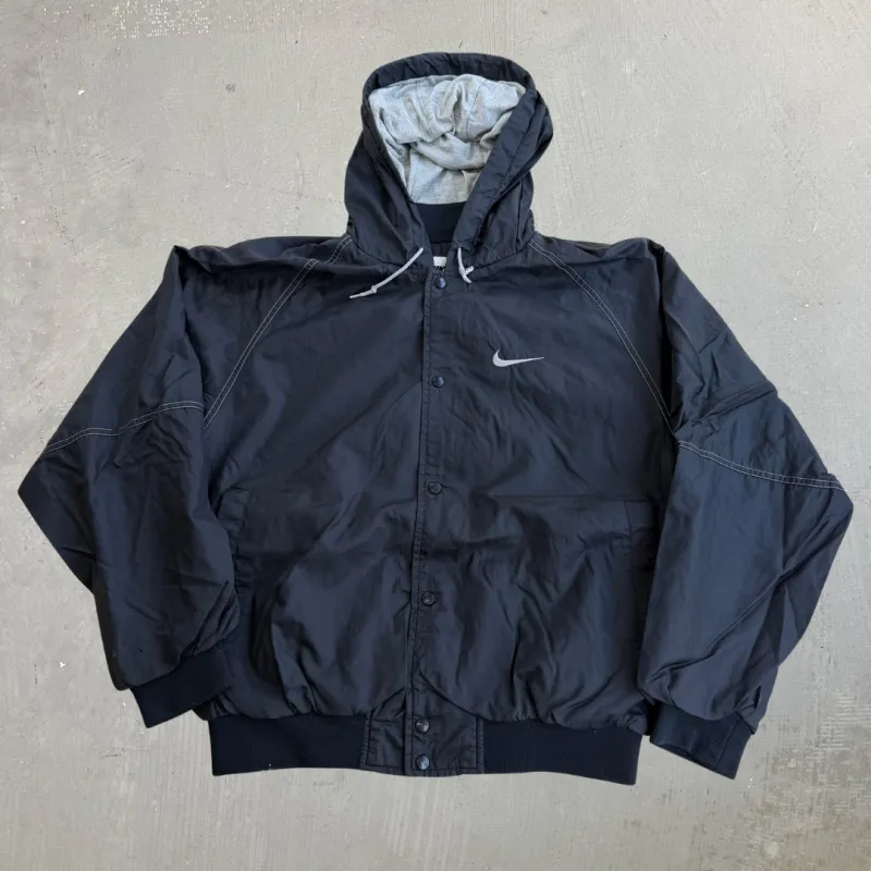 J- Vintage 90s Nike Embroidered Swoosh & Text Hooded Bomber Jacket - M made by HG Vintage
