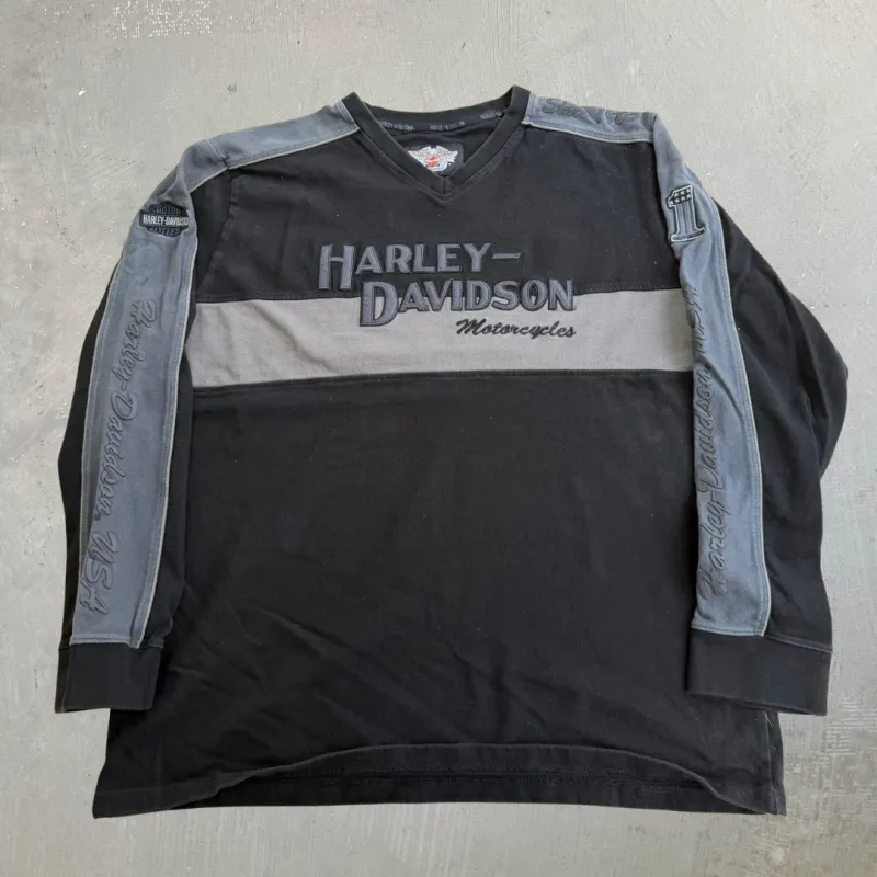 J- Vintage Harley Davidson Motorcycle Text Graphic Long Sleeve Tee - XL made by Harley-Davidson