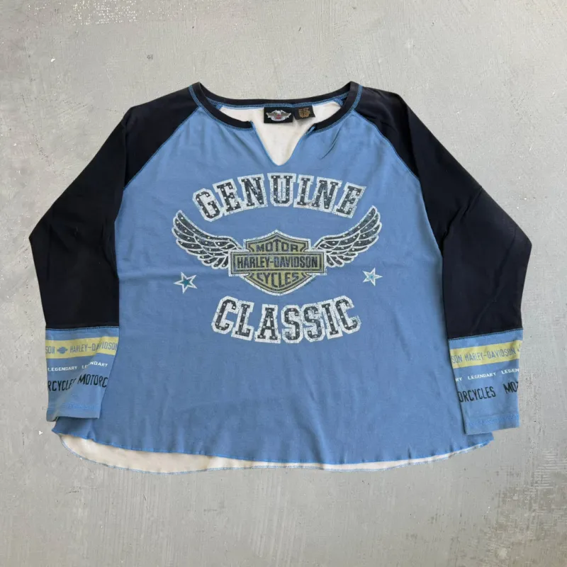 J- Vintage '03 Women's Harley Davidson Graphic & Text Cropped Long Sleeve Tee - 2W (fits Women's L) made by Harley-Davidson
