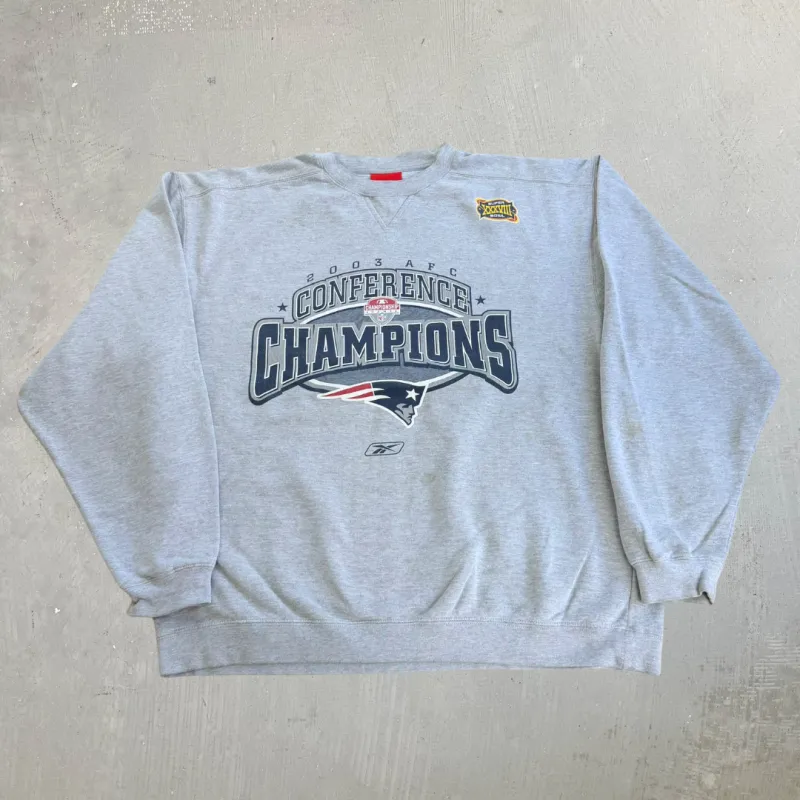 J- Vintage '03 New England Patriots NFL AFC Champions Graphic Crewneck - L made by HG Vintage