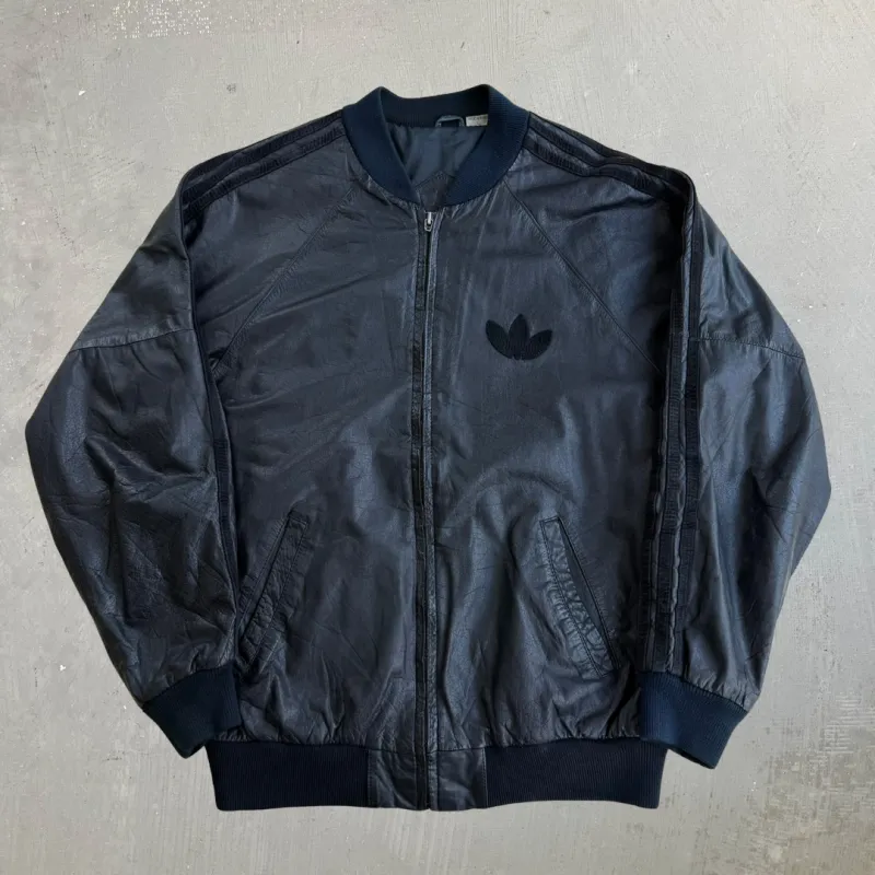 J- Vintage 90s Adidas Embroidered Logo Zip Up Leather Bomber Jacket - L made by HG Vintage
