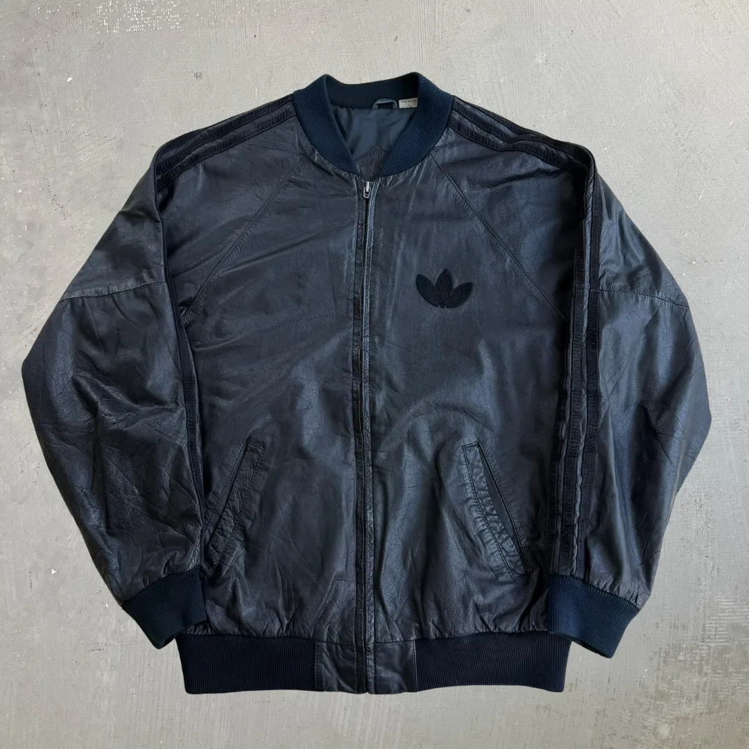 J- Vintage 90s Adidas Embroidered Logo Zip Up Leather Bomber Jacket - L sold by HG Vintage
