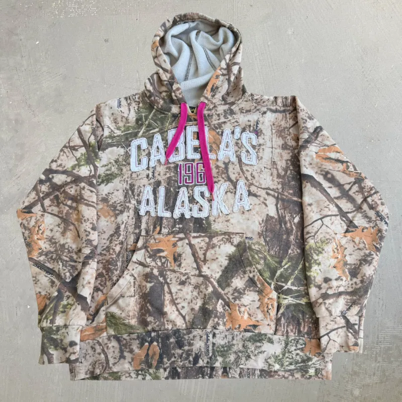 J- Vintage Cabela's Alaska Woodland Camo Embroidered Text Hoodie - XL made by Carhartt