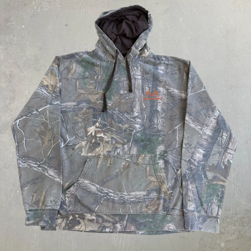 J- Vintage Real Tree Camo Orange Logo Brown Drawstrings Hoodie - M made by Carhartt