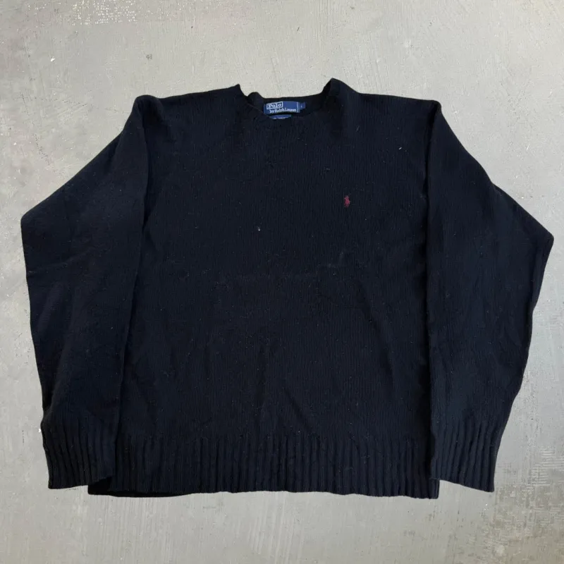 J- Vintage 90s Polo RL Embroidered Logo Black Wool Knit Sweater - L made by HG Vintage