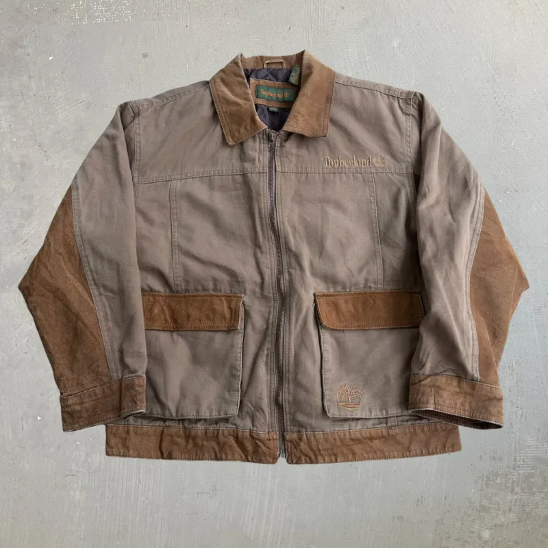 J- Vintage Timberland Leather & Canvas Zip Up Work Jacket - L made by Carhartt