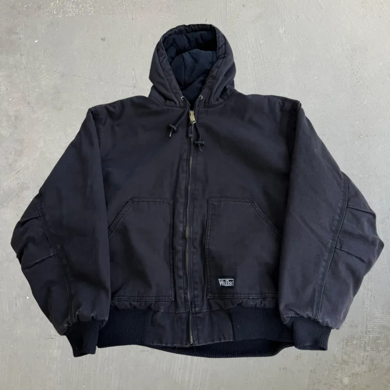 J- Vintage Walls Quilt Blanket Lined Faded Black Canvas Hooded Work Jacket - L made by Carhartt