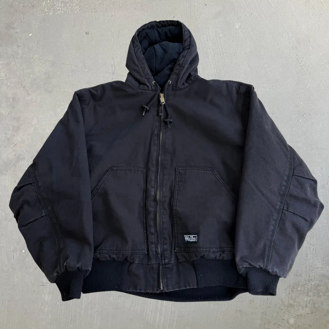 J- Vintage Walls Quilt Blanket Lined Faded Black Canvas Hooded Work Jacket - L sold by HG Vintage