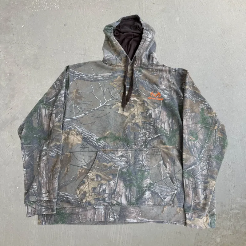 J- Vintage Real Tree Camo Orange Logo Brown Drawstrings Hoodie - XL made by Carhartt