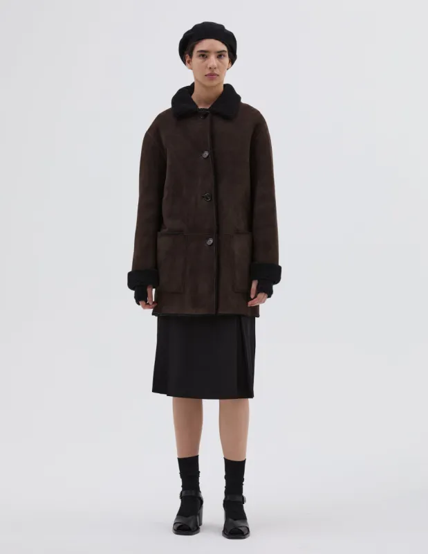 SHEARLING CAR COAT | MERINO SHEEPSKIN | BLACK / BROWN sold by Margaret Howell