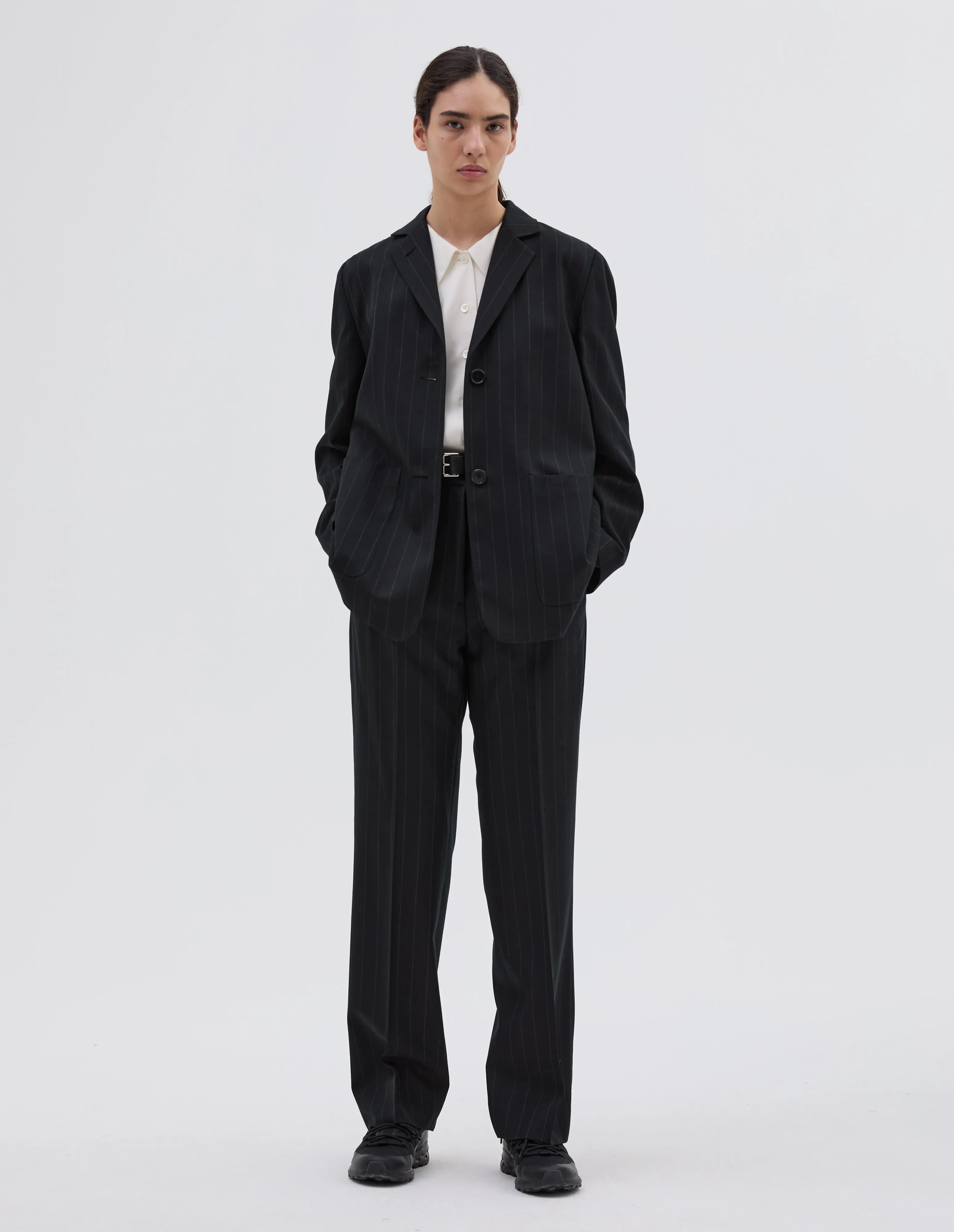 RELAXED BLAZER | PINSTRIPE WOOL TWILL
| BLACK / GREY sold by Margaret Howell product image thumbnail 2