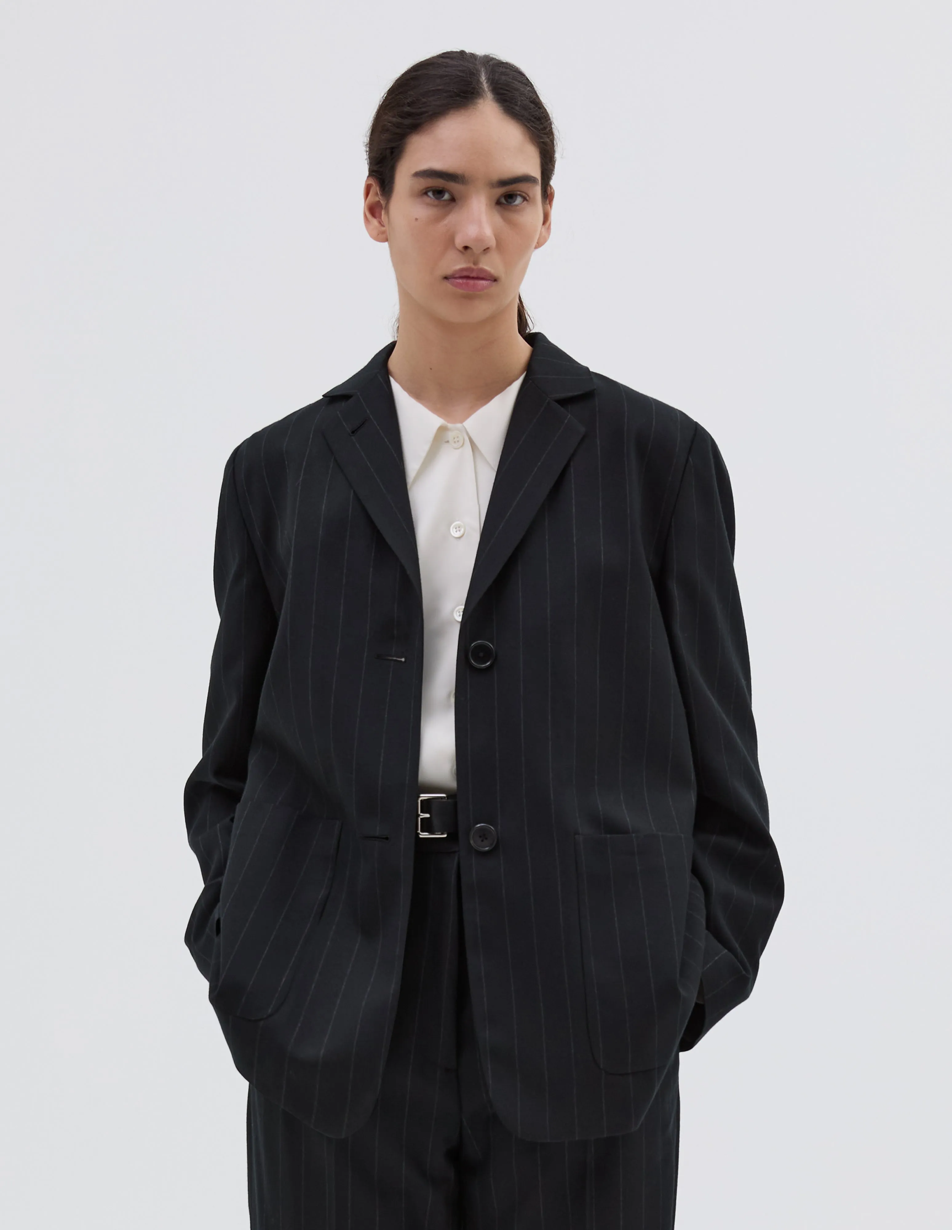 RELAXED BLAZER | PINSTRIPE WOOL TWILL
| BLACK / GREY sold by Margaret Howell