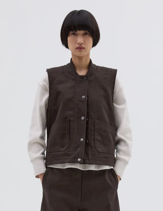 MHL. PATCH POCKET JERKIN | RAISED COTTON DRILL | DARK BROWN sold by Margaret Howell