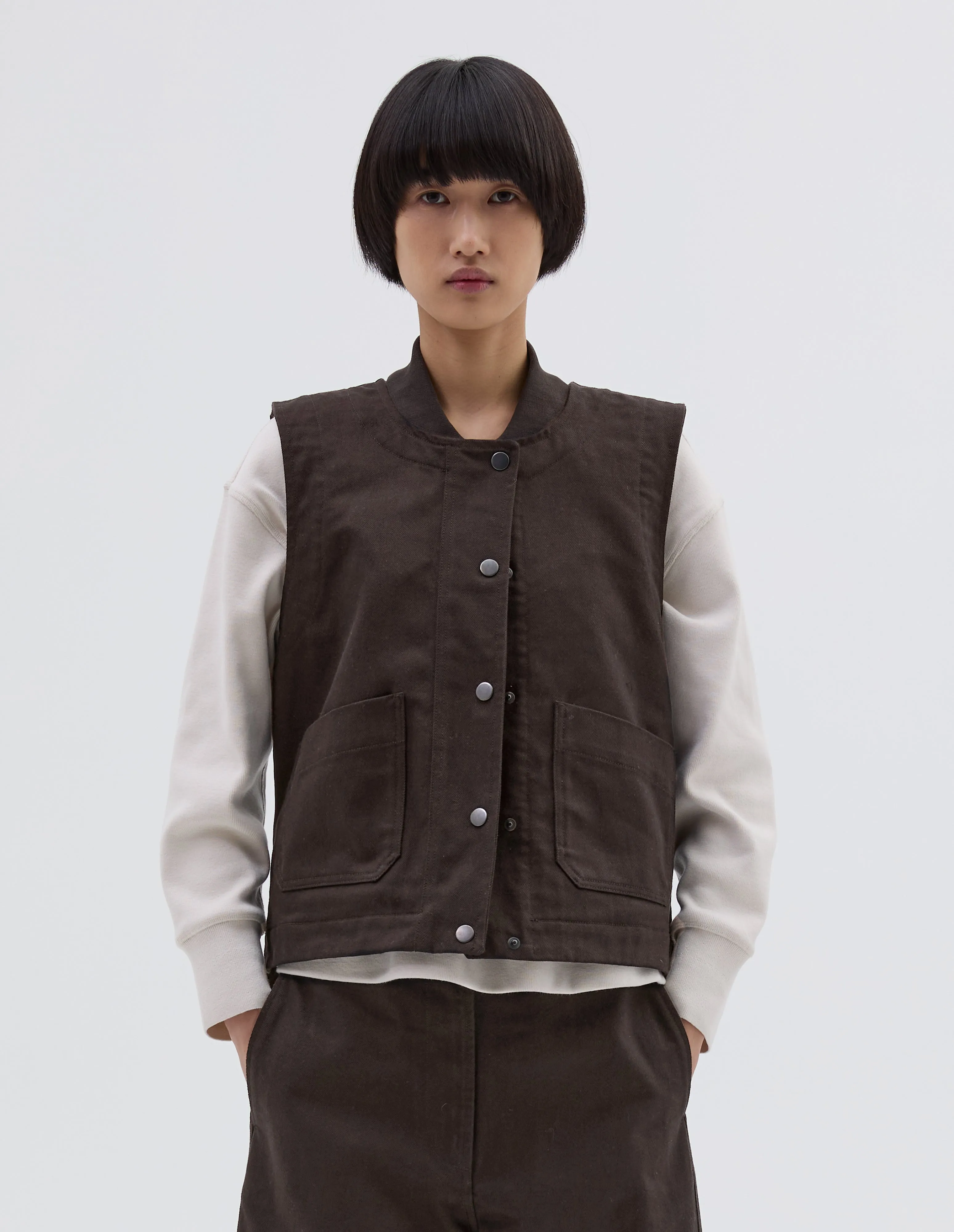 MHL. PATCH POCKET JERKIN | RAISED COTTON DRILL | DARK BROWN sold by Margaret Howell