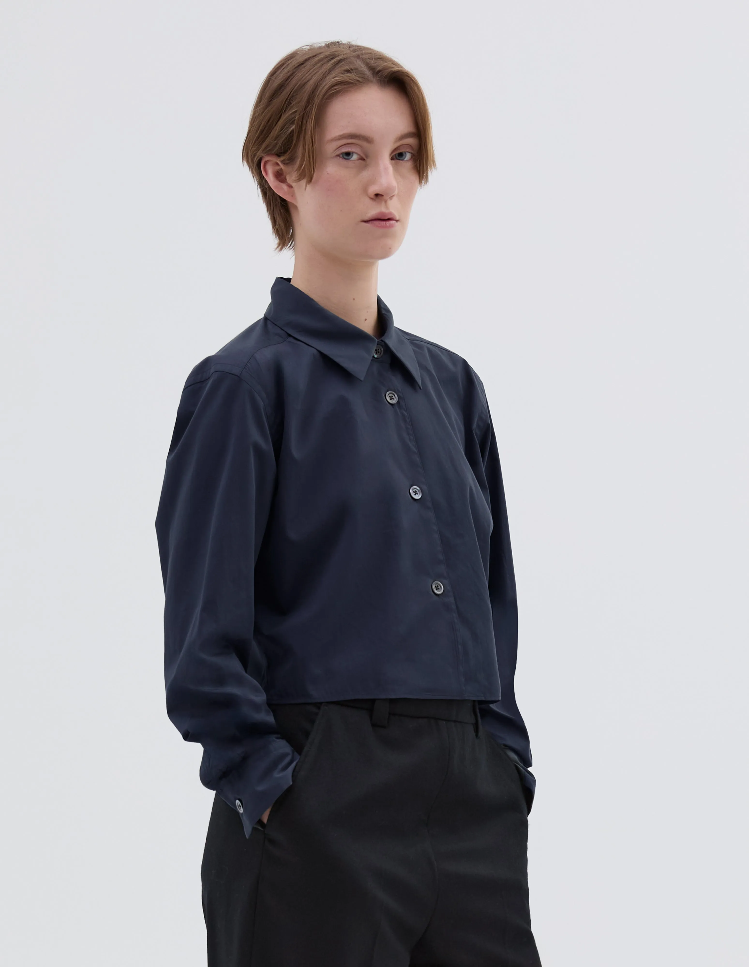 MINI CROPPED SHIRT | SOFT COTTON SILK | DARK NAVY sold by Margaret Howell