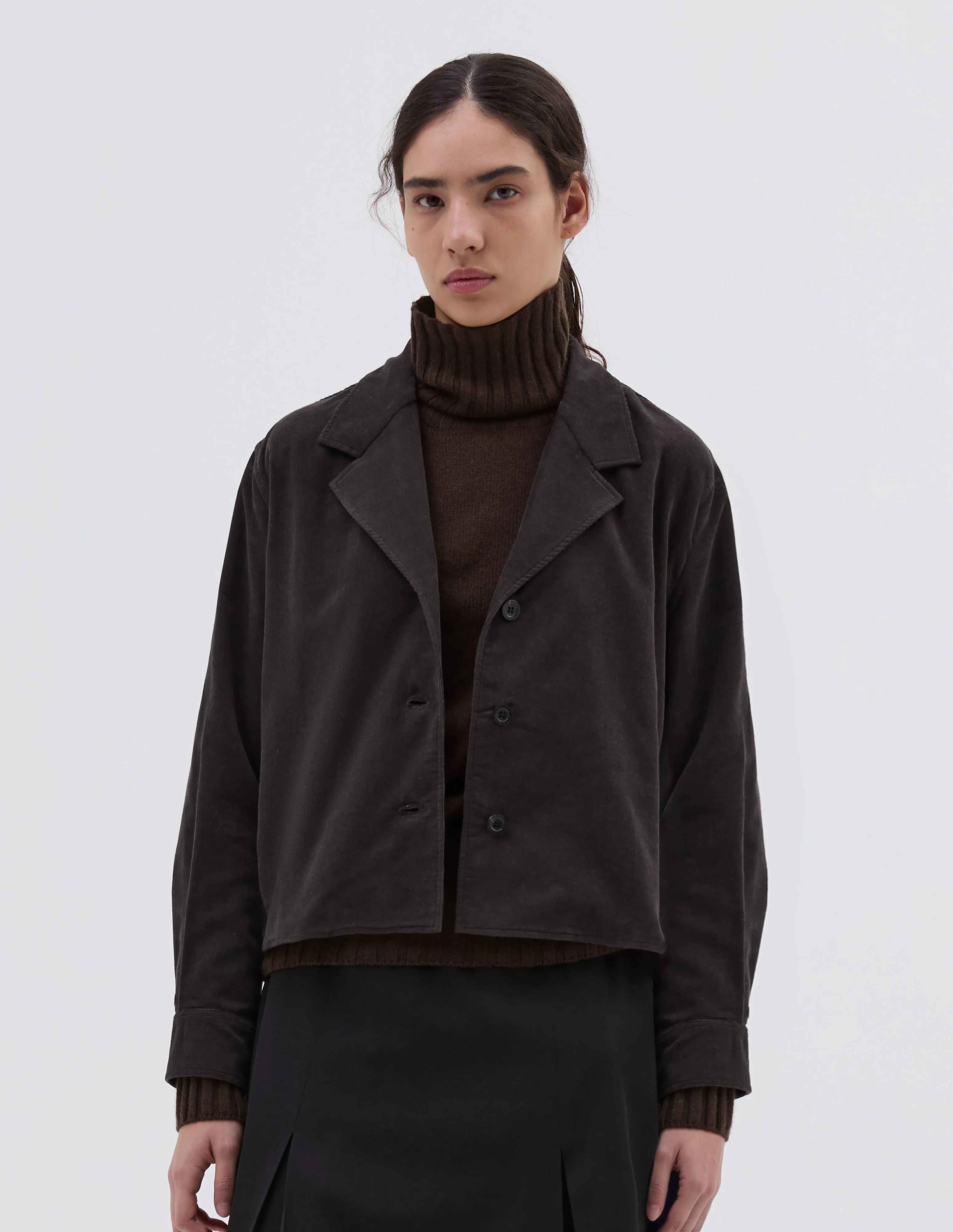 THREE BUTTON JACKET SHIRT | COTTON CASHMERE NEEDLECORD | EBONY sold by Margaret Howell