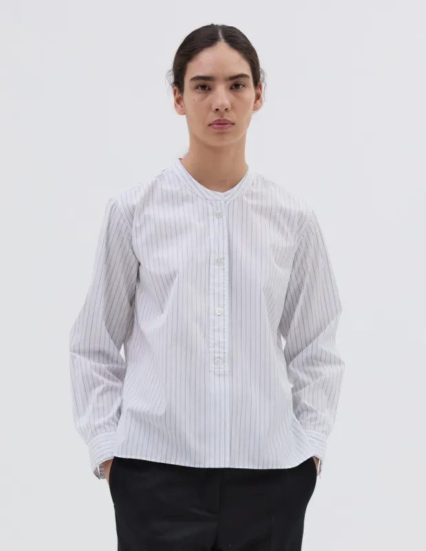 BUTTON THROUGH COLLARLESS SHIRT | FINE COTTON STRIPE
 | PALE BLUE sold by Margaret Howell