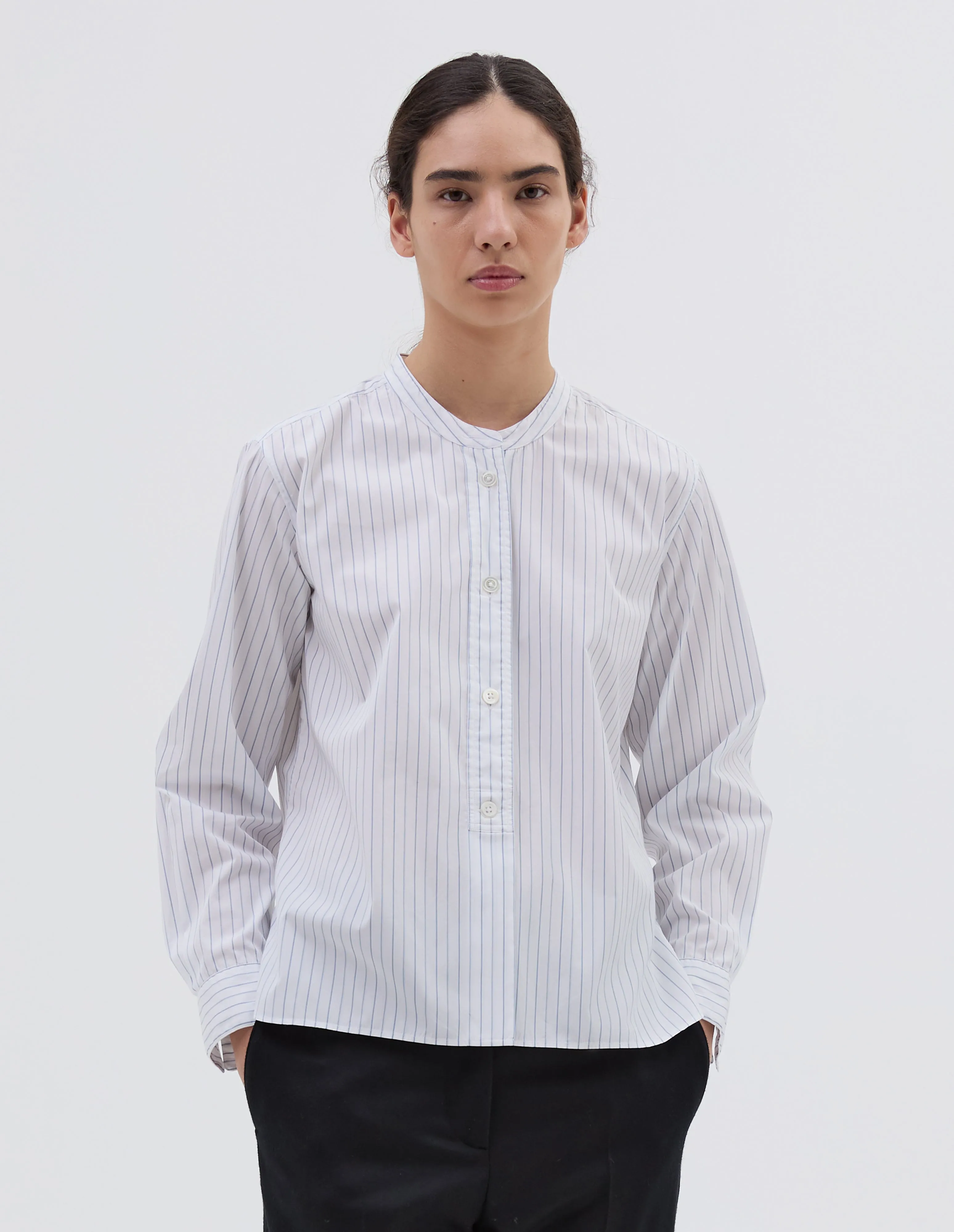 BUTTON THROUGH COLLARLESS SHIRT | FINE COTTON STRIPE
| PALE BLUE sold by Margaret Howell