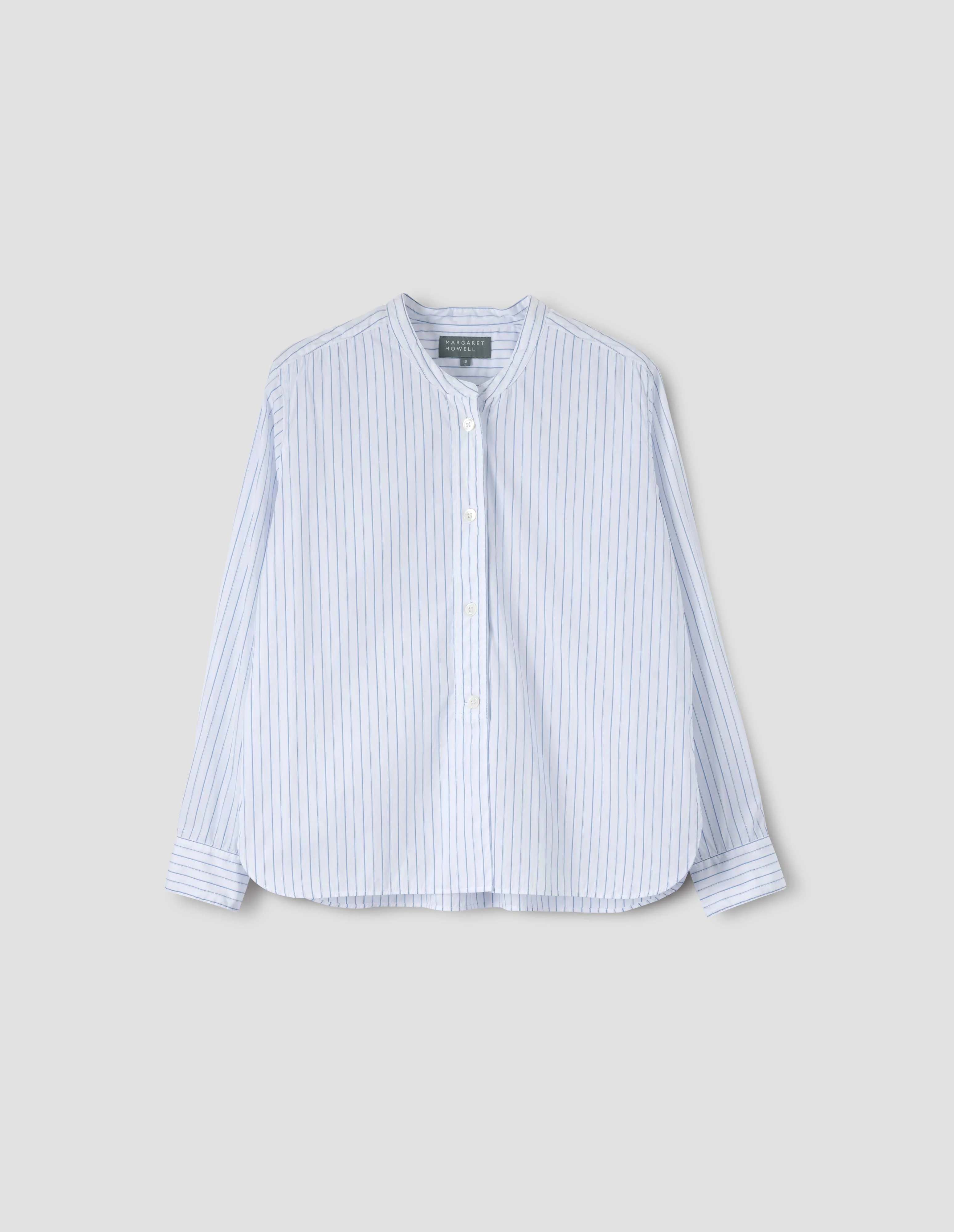 BUTTON THROUGH COLLARLESS SHIRT | FINE COTTON STRIPE
| PALE BLUE sold by Margaret Howell product image thumbnail 4