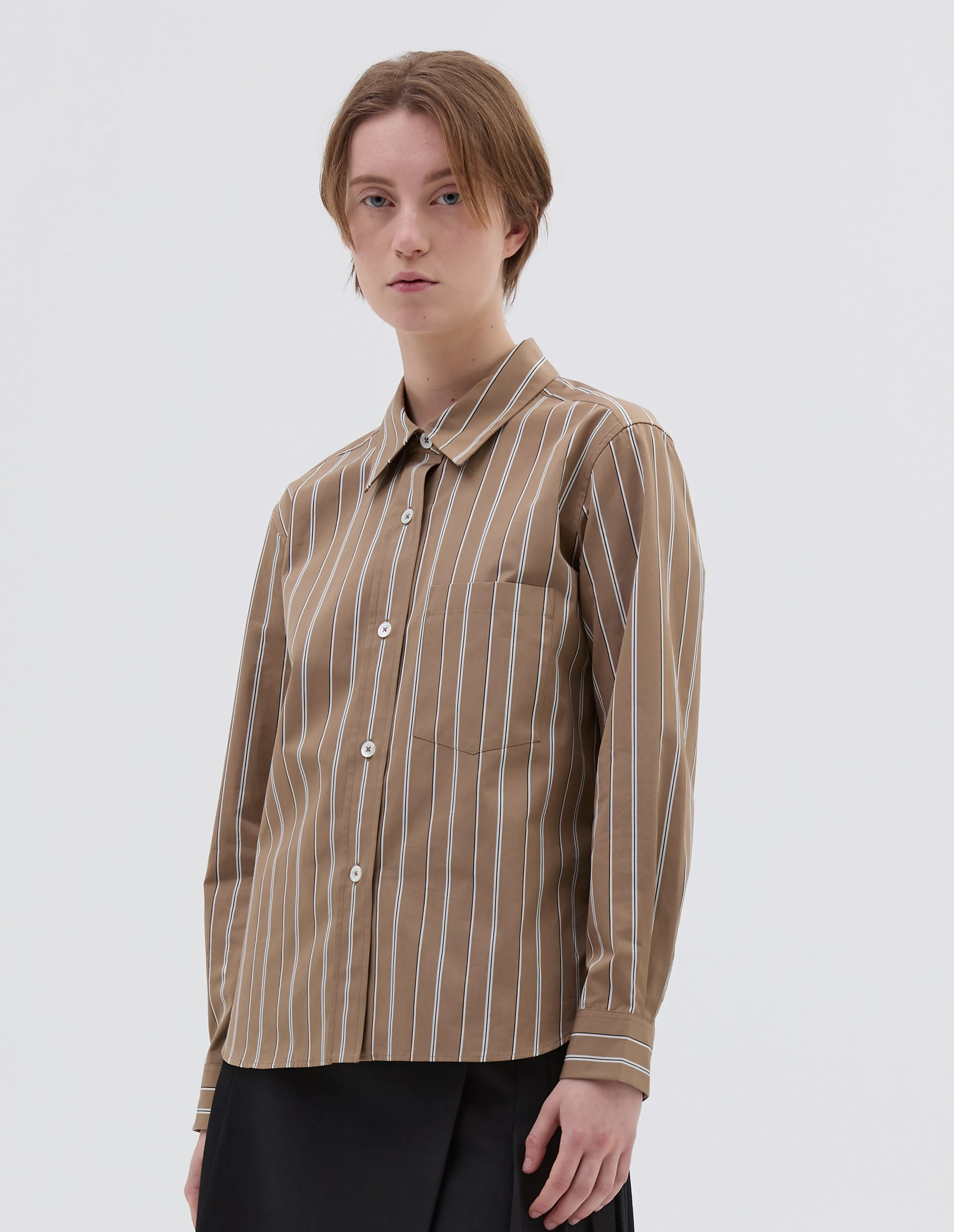 SIMPLE SHIRT | GRAPHIC COTTON STRIPE | BROWN / ECRU sold by Margaret Howell