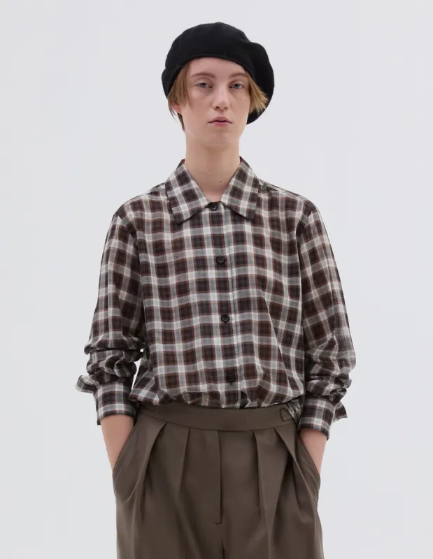 CURVE COLLAR SHIRT | SOFT COTTON CHECK | BLACK / WHITE / BROWN sold by Margaret Howell