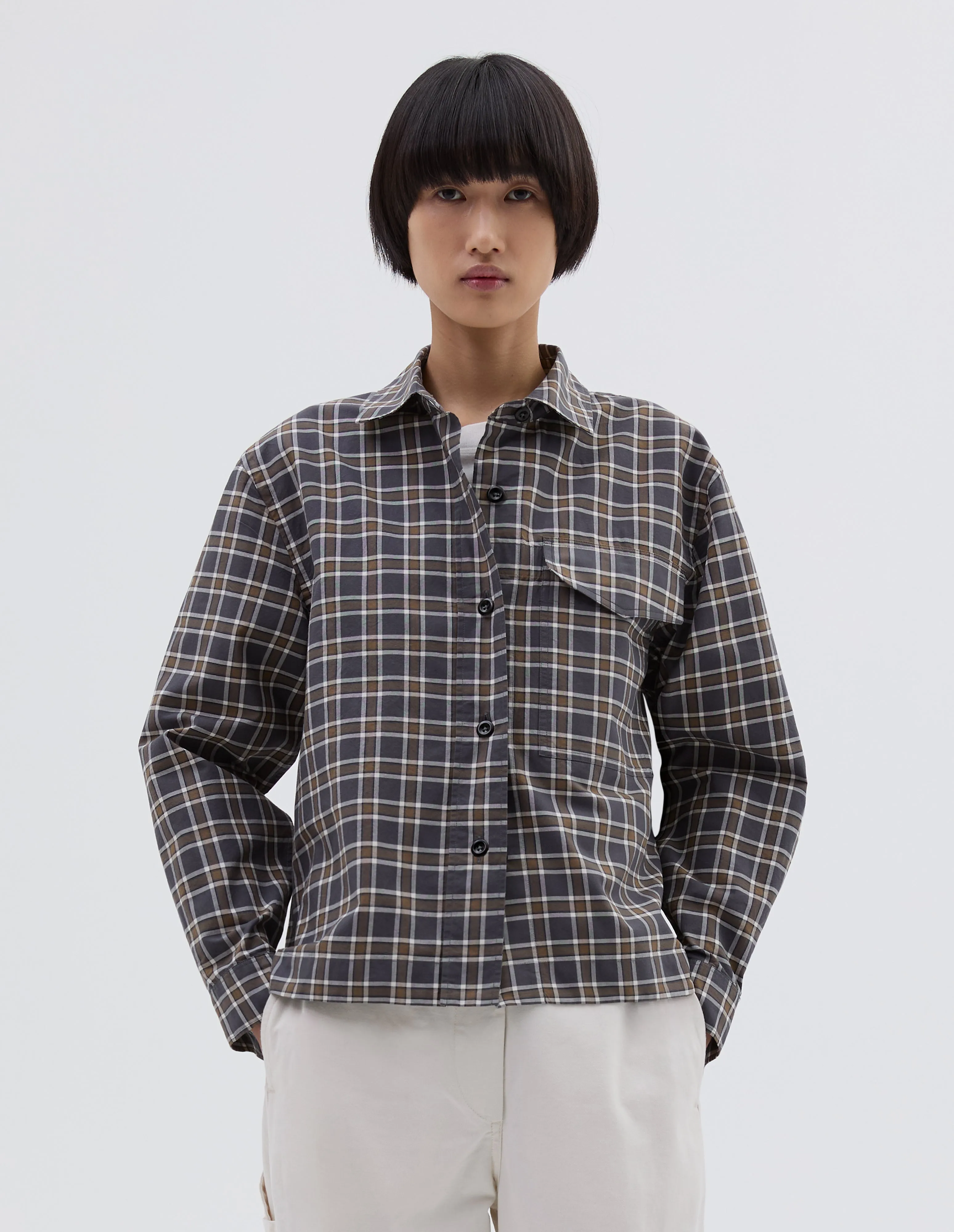 MHL. SINGLE POCKET OVERSHIRT | PLAINWEAVE COTTON CHECK | SLATE / MOSS sold by Margaret Howell