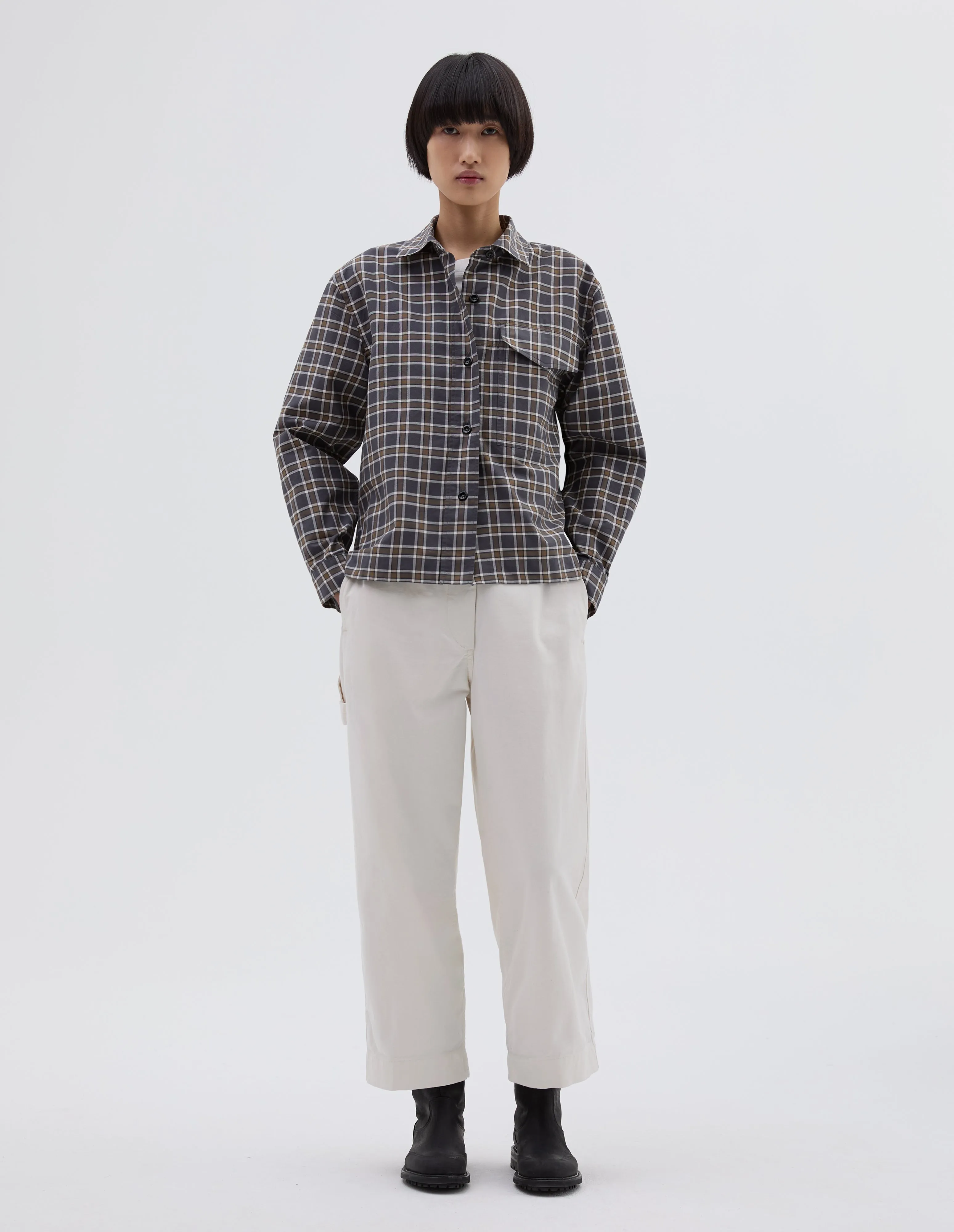 MHL. SINGLE POCKET OVERSHIRT | PLAINWEAVE COTTON CHECK | SLATE / MOSS sold by Margaret Howell product image thumbnail 2